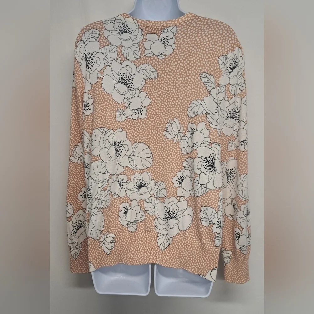 Lands End L 100% Supima Cotton Long Sleeve Cardigan Sweater Floral Stretch